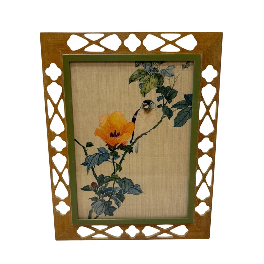 Vintage Japanese Silk Painting Botanical Fretwork Frame Esther Frazier